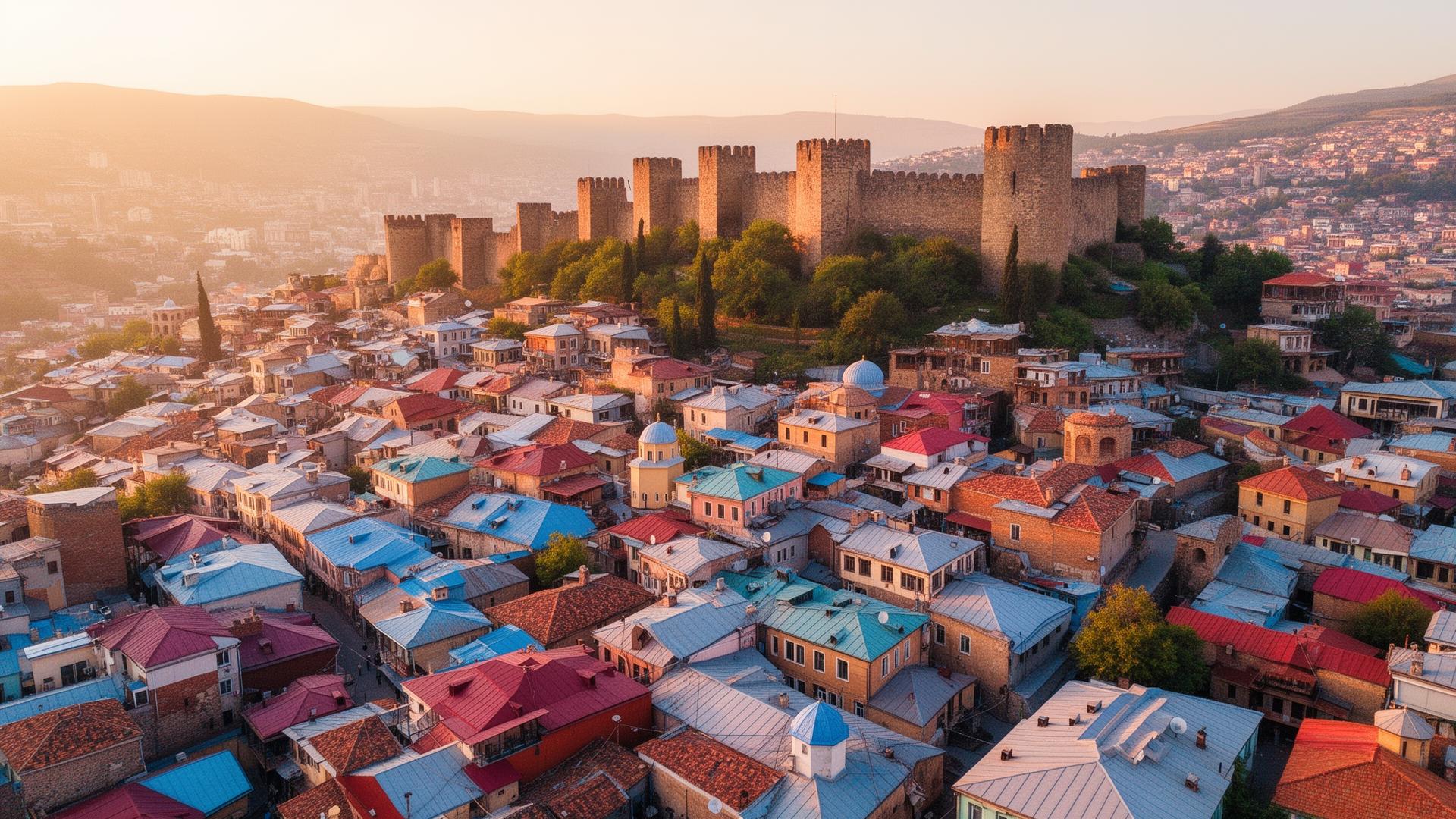 Aerial view of Tbilisi old town and Narikala fortress at golden hour